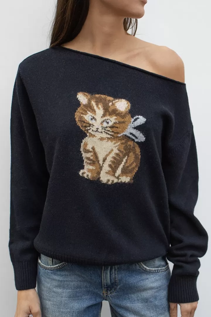 Boat neck sweater with cat^Subdued Discount